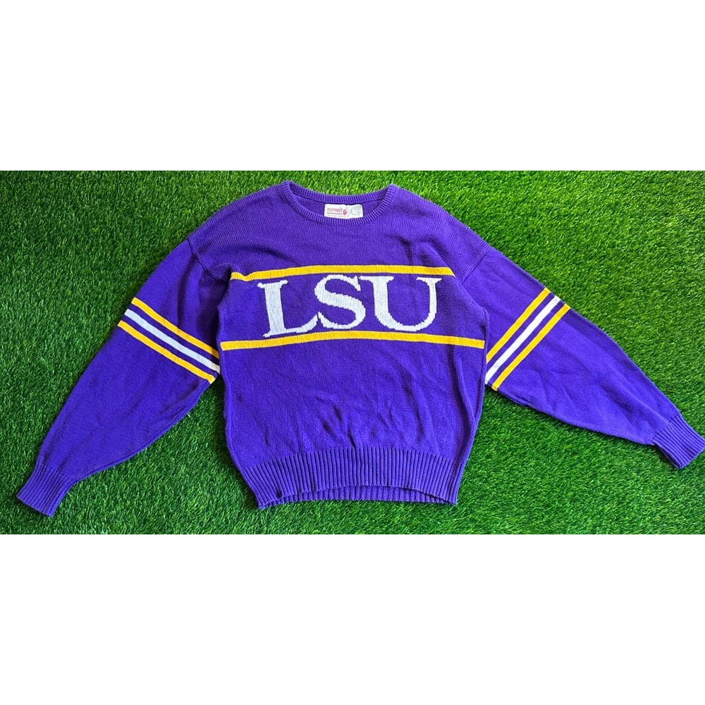 Vintage 1980's LSU TIGERS Cliff Engle Crew Neck Knit Sweater Made in‎ USA Large - Picture 3 of 11